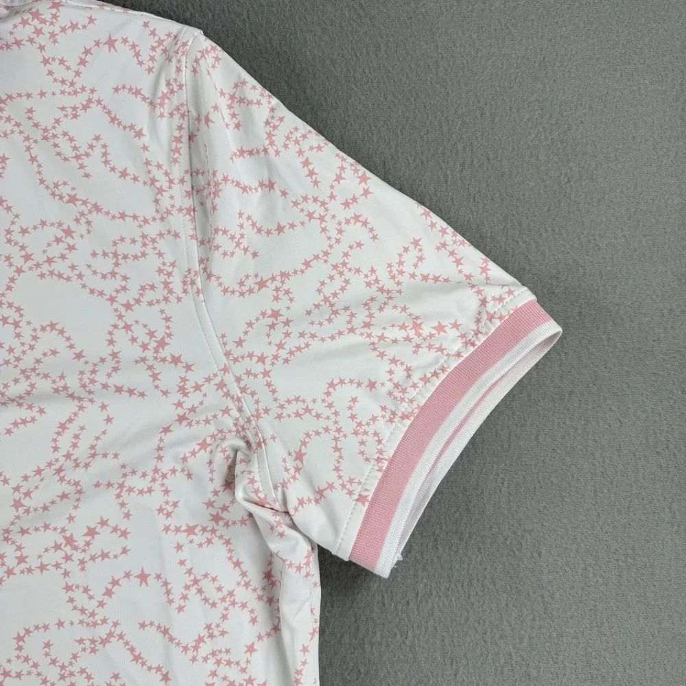 G/Fore Pink Star Dust Banded Sleeve Tech Jersey Golf Polo Size M All Over Print